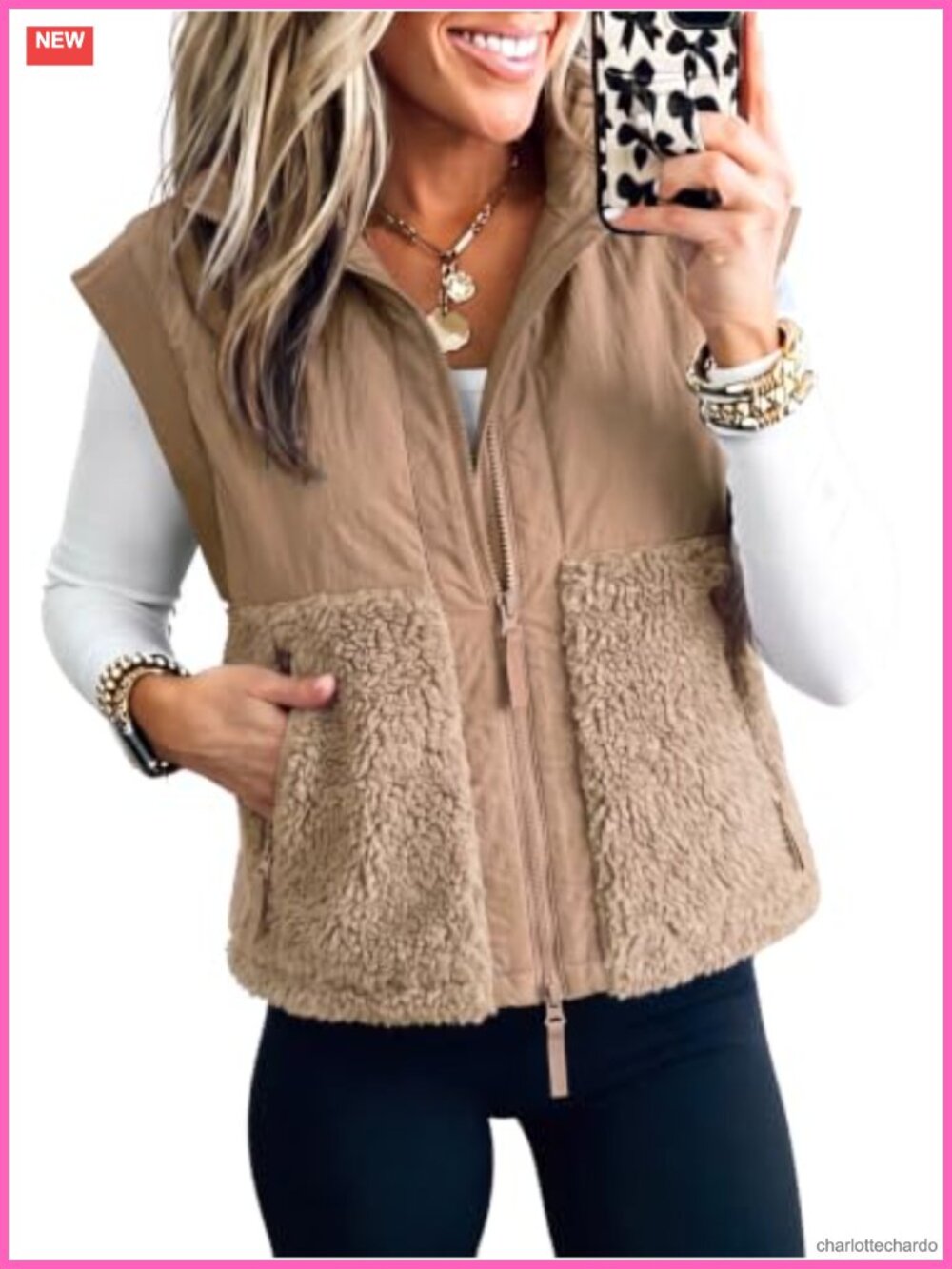 Sherpa Fleece Puffer Vest Patchwork Zip Up Sleeveless Jacket